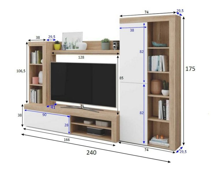 Parete salotto moderna 240cm bianca e rovere - Neera