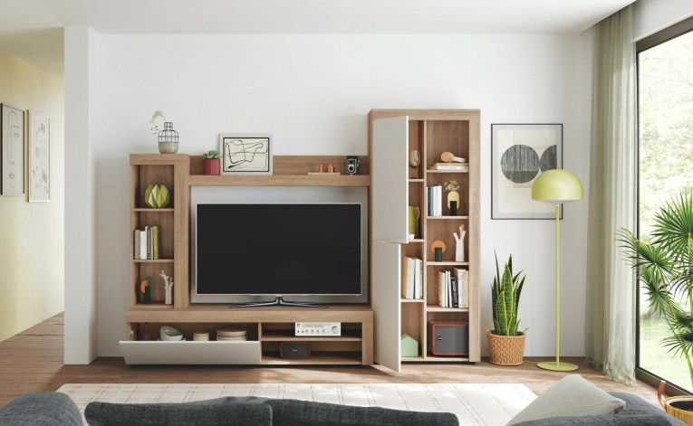 Parete salotto moderna 240cm bianca e rovere - Neera
