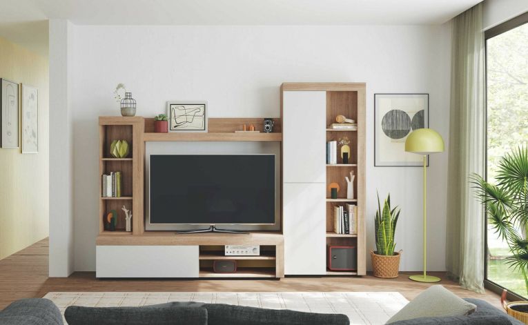 Parete salotto moderna 240cm bianca e rovere - Neera