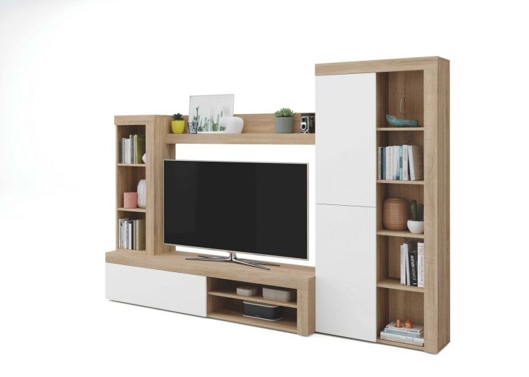 Parete salotto moderna 240cm bianca e rovere - Neera