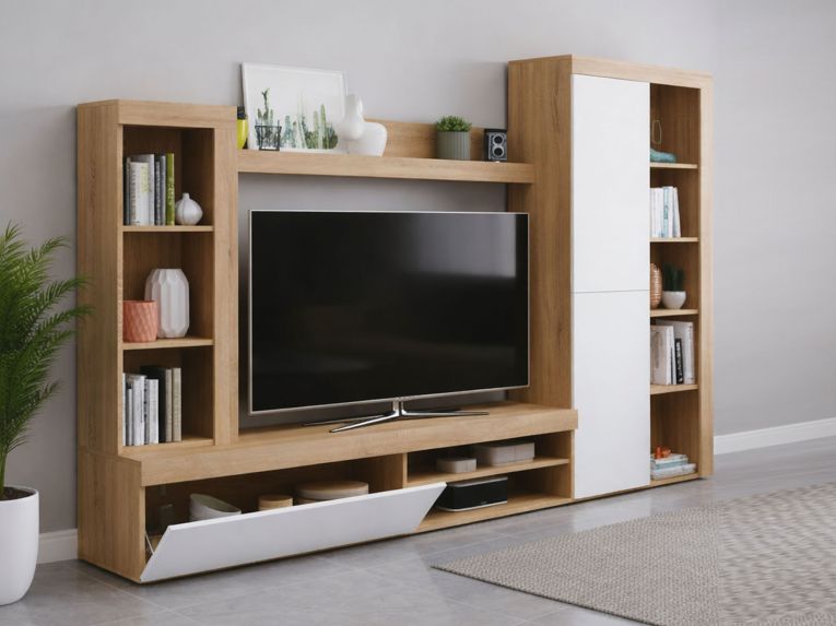 Parete salotto moderna 240cm bianca e rovere - Neera