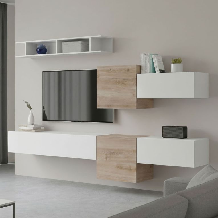 Parete salotto moderna 262cm bianca lucida e rovere - Tony