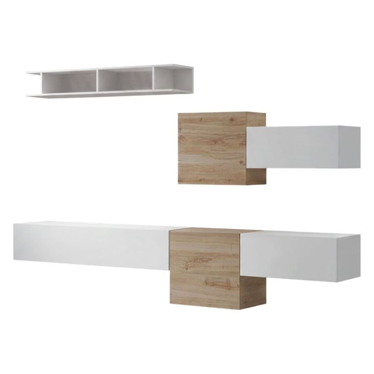 Parete salotto moderna 262cm bianca lucida e rovere - Tony