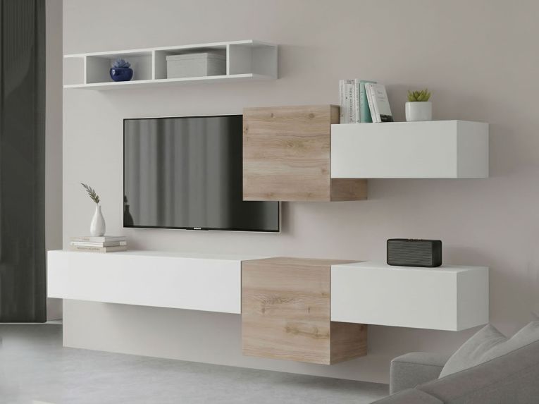 Parete salotto moderna 262cm bianca lucida e rovere - Tony