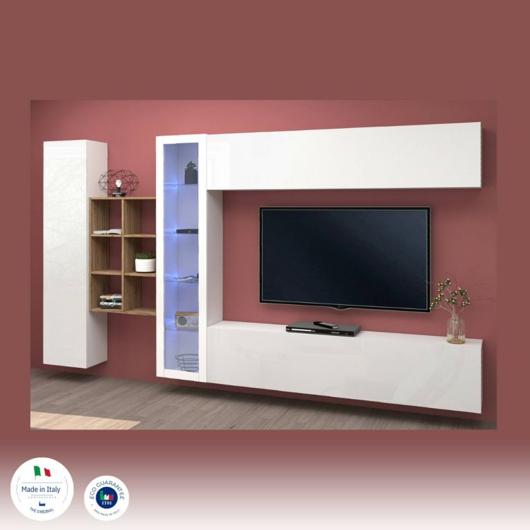 Parete salotto moderna 280cm bianca lucida e acero - Alessano