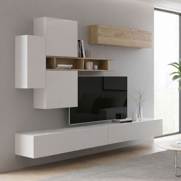 Parete salotto modulabile 276cm bianca lucida e rovere - Nate