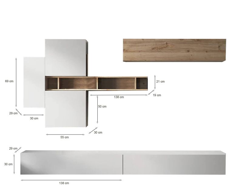 Parete salotto modulabile 276cm bianca lucida e rovere - Nate