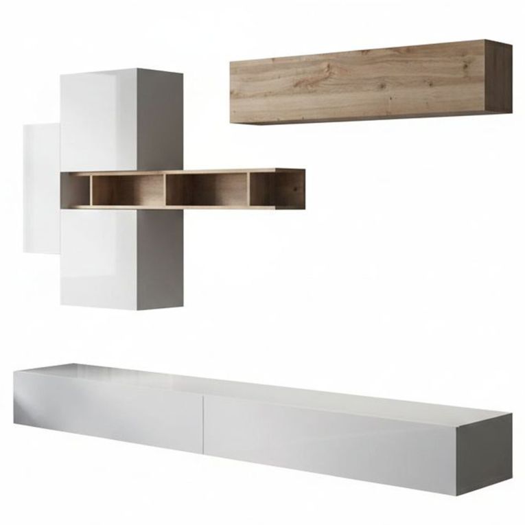 Parete salotto modulabile 276cm bianca lucida e rovere - Nate