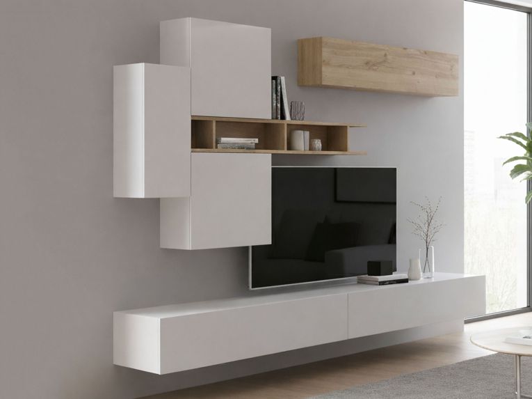 Parete salotto modulabile 276cm bianca lucida e rovere - Nate