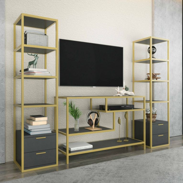 Parete salotto multifunzione 198cm oro e antracite - Felion