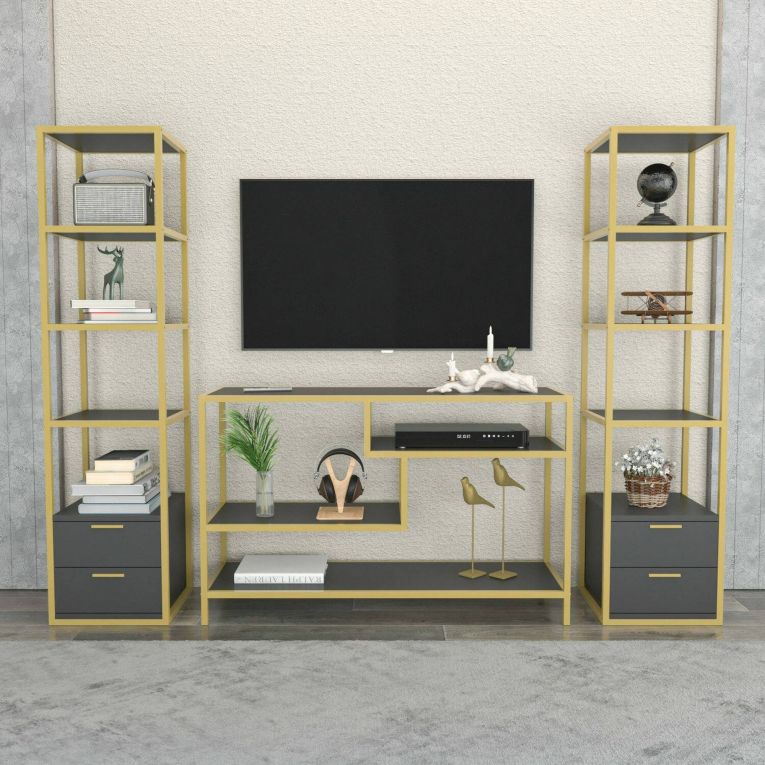 Parete salotto multifunzione 198cm oro e antracite - Felion