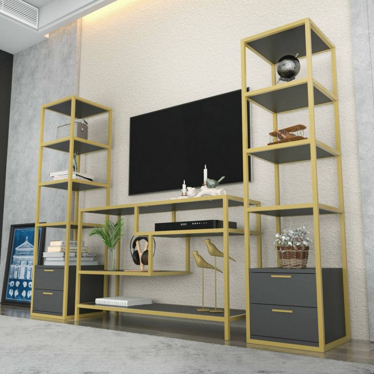 Parete salotto multifunzione 198cm oro e antracite - Felion