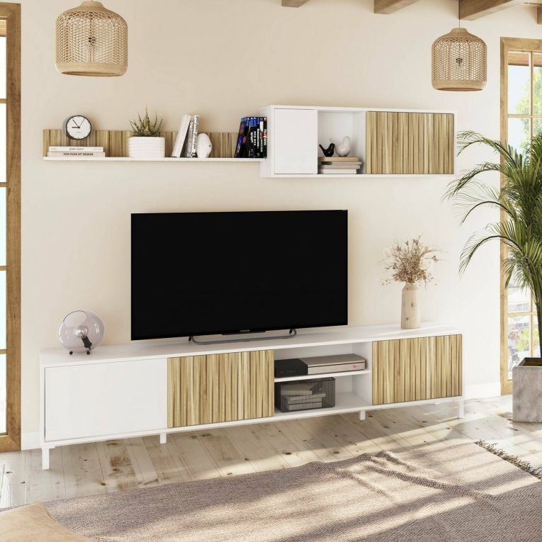 Parete salotto multifunzione 200cm bianca e rovere - Ailano