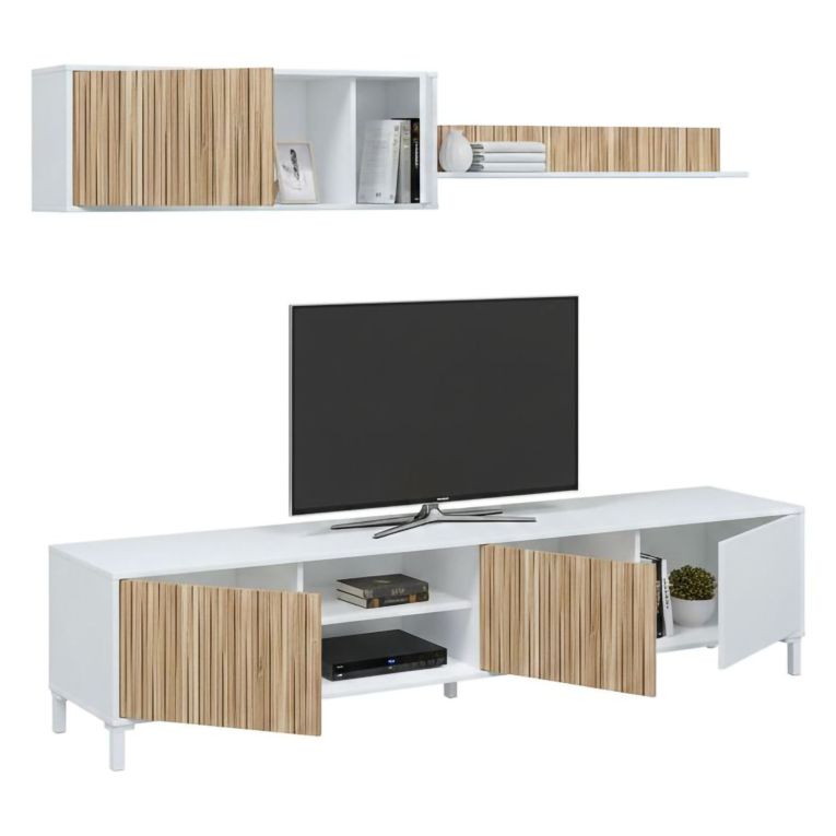 Parete salotto multifunzione 200cm bianca e rovere - Ailano