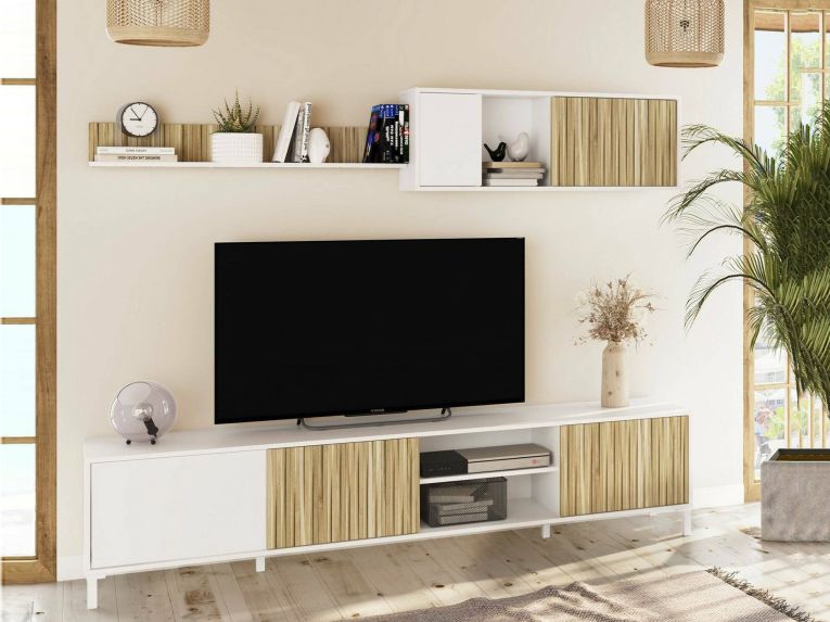 Parete salotto multifunzione 200cm bianca e rovere - Ailano