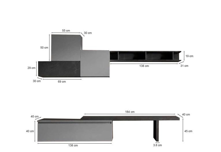 Parete salotto multifunzione 262cm ardesia e grigia scuro - Larix