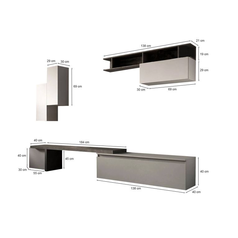 Parete salotto smart 290cm ardesia e grigia - Chris
