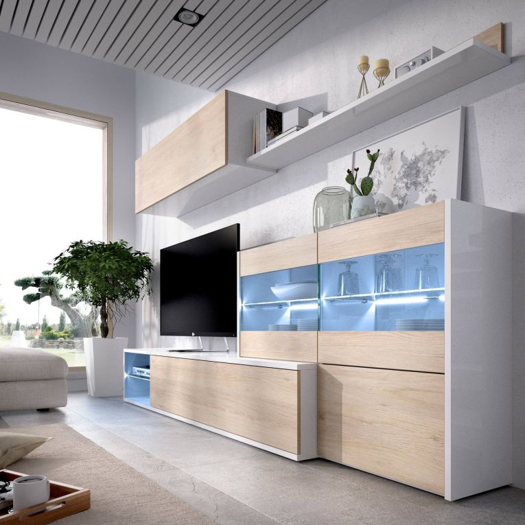 Parete soggiorno ad angolo con vetrina 260cm rovere e bianca lucida - Agio