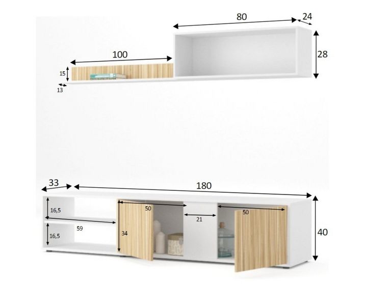 Parete soggiorno in legno 180cm bianca e rovere - Agrestino