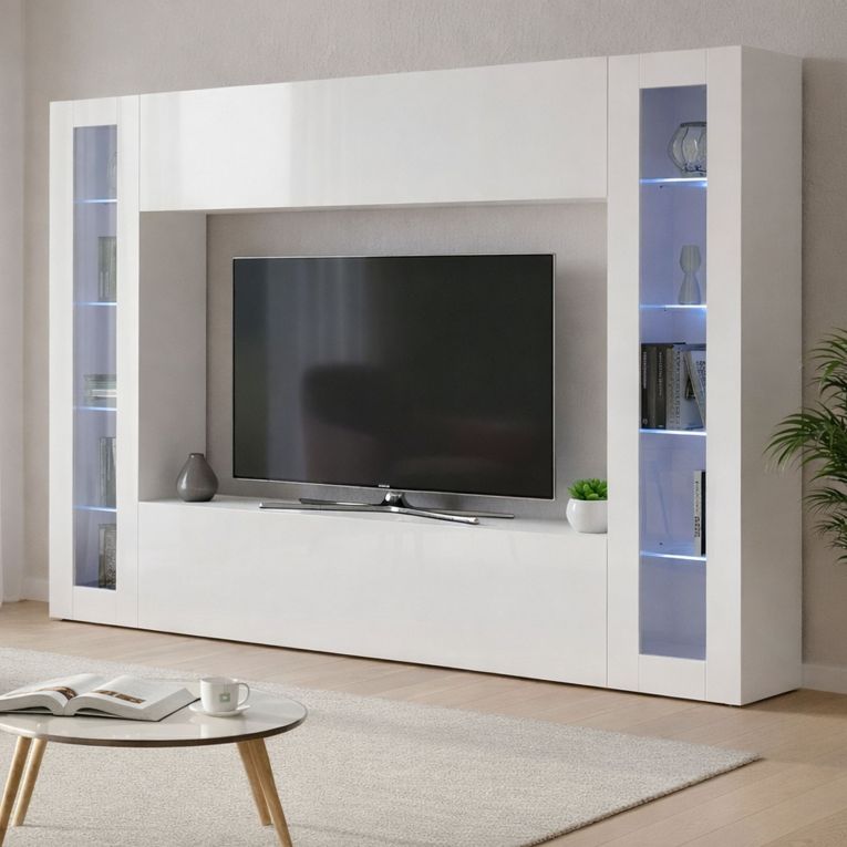 Parete soggiorno in vetro e legno 260cm bianca lucida - Amel