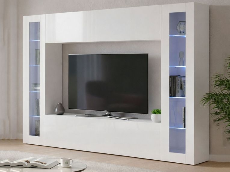 Parete soggiorno in vetro e legno 260cm bianca lucida - Amel