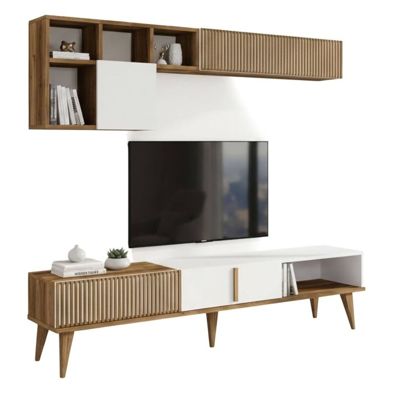 Parete soggiorno moderna 180cm noce e bianca - Ostro