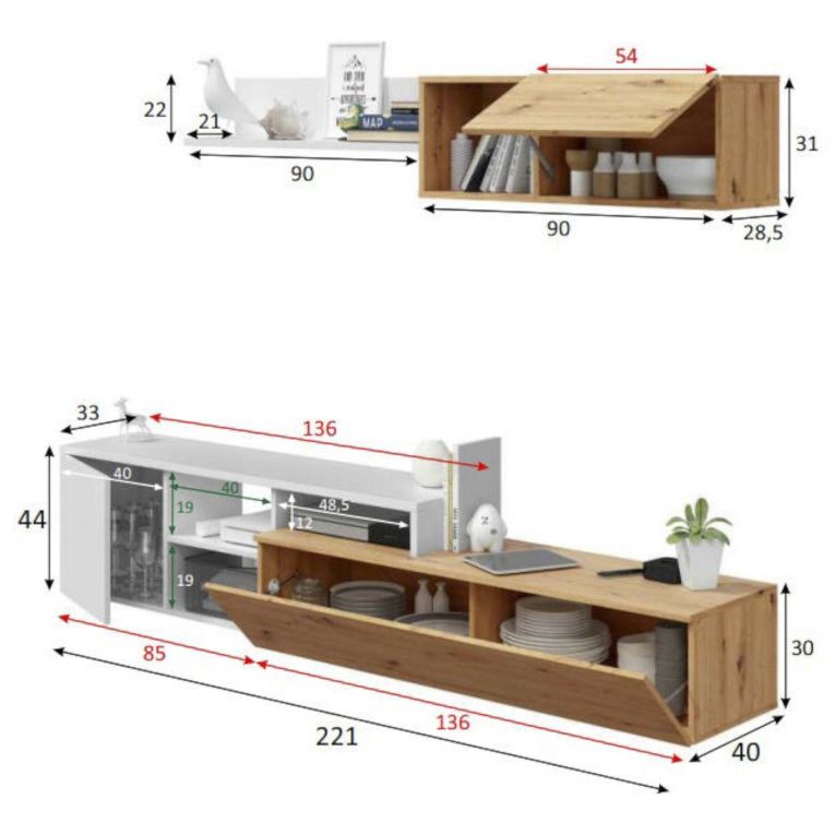 Parete soggiorno moderna 220cm legno e bianca - Aligator
