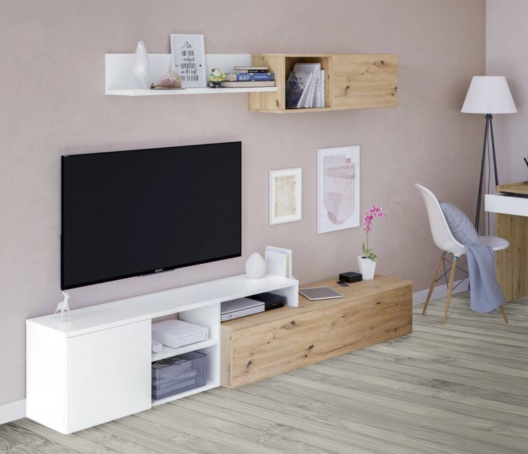 Parete soggiorno moderna 220cm legno e bianca - Aligator