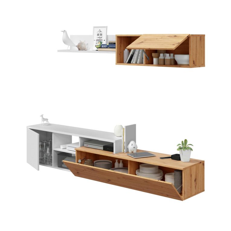 Parete soggiorno moderna 220cm legno e bianca - Aligator