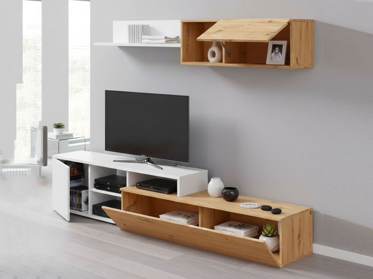 Parete soggiorno moderna 220cm legno e bianca - Aligator