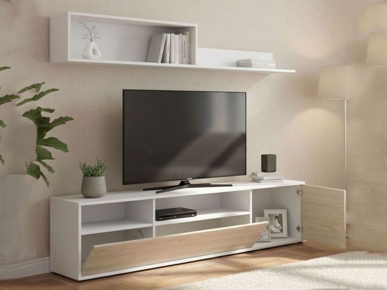 Parete soggiorno multifunzione 180cm bianca e rovere - Jelawat