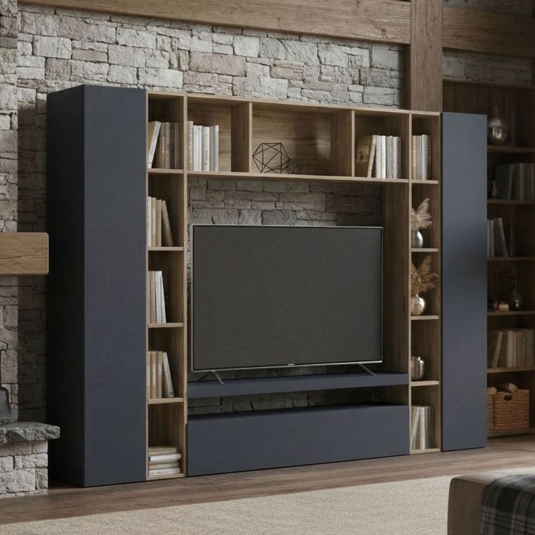 Parete soggiorno multifunzione 270cm antracite e rovere - Austis