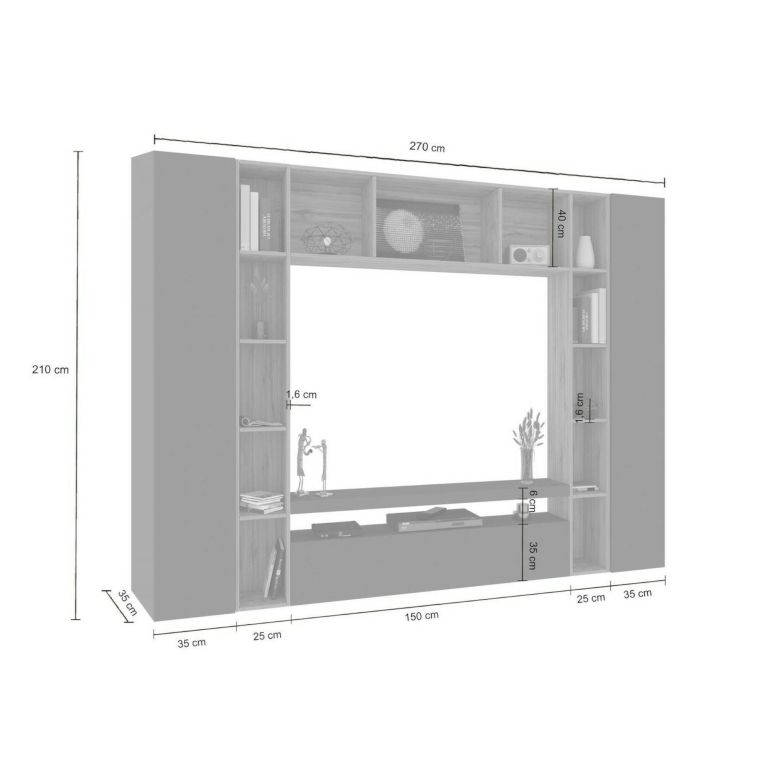 Parete soggiorno multifunzione 270cm antracite e rovere - Austis