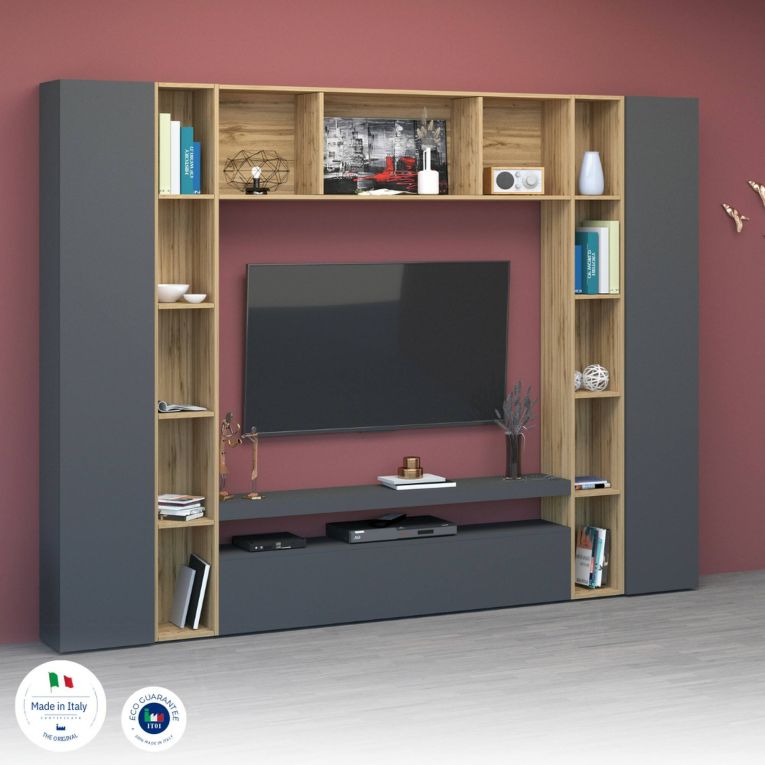 Parete soggiorno multifunzione 270cm antracite e rovere - Austis