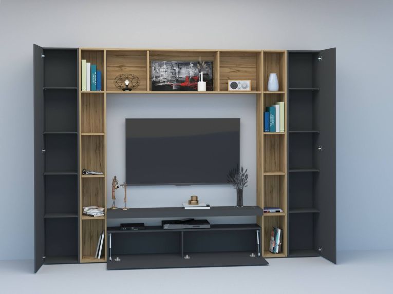 Parete soggiorno multifunzione 270cm antracite e rovere - Austis