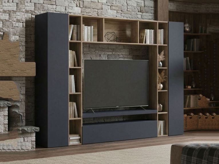 Parete soggiorno multifunzione 270cm antracite e rovere - Austis