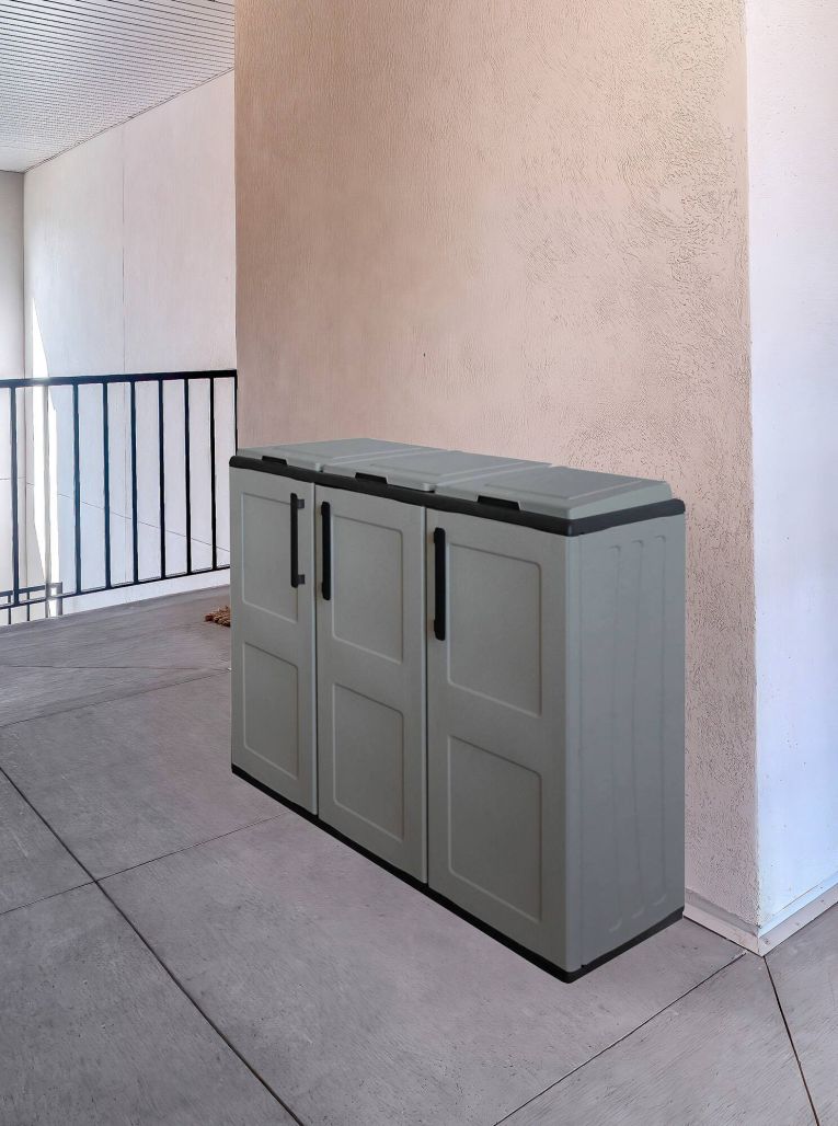 Pattumiera Aalst, Cestino portarifiuti, Bidone per raccolta differenziata a 3 ante, 100% Made in Italy, 102x37h84 cm, Grigio e Nero, Finitura quadri