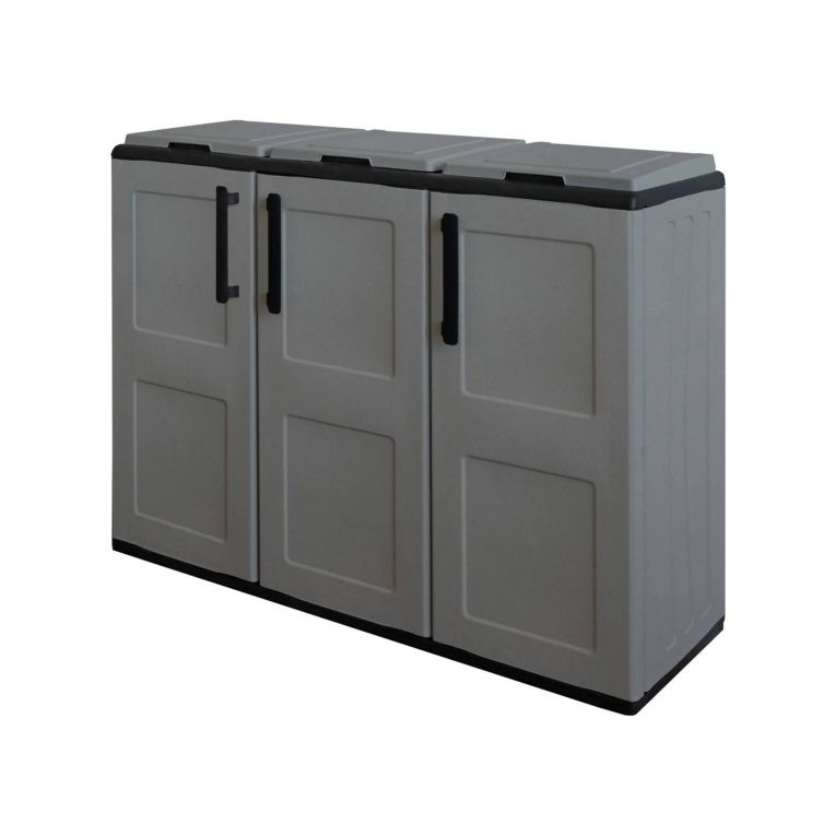 Pattumiera Aalst, Cestino portarifiuti, Bidone per raccolta differenziata a 3 ante, 100% Made in Italy, 102x37h84 cm, Grigio e Nero, Finitura quadri