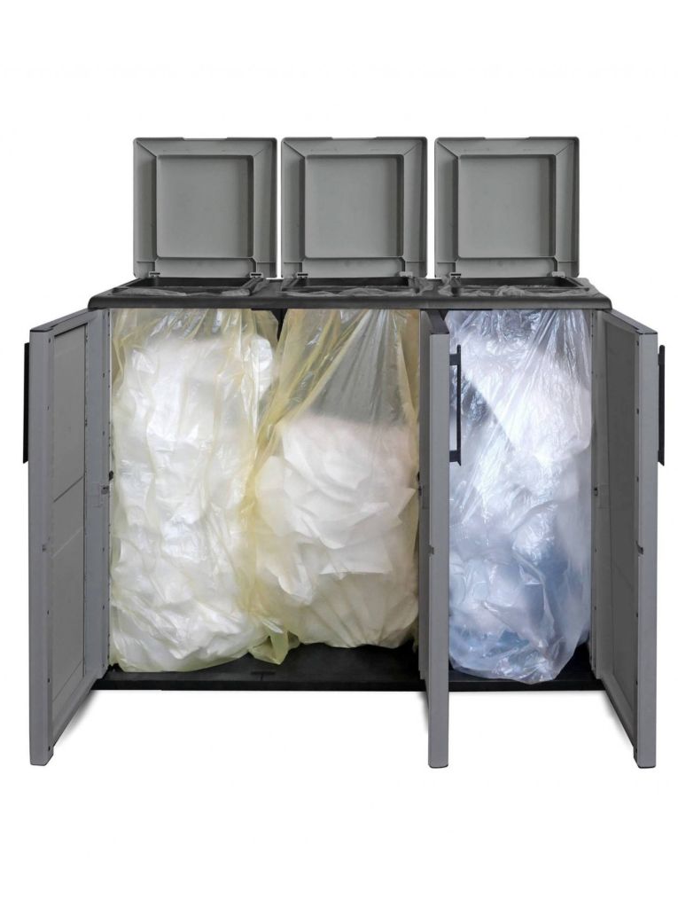 Pattumiera Aalst, Cestino portarifiuti, Bidone per raccolta differenziata a 3 ante, 100% Made in Italy, 102x37h84 cm, Grigio e Nero, Finitura quadri