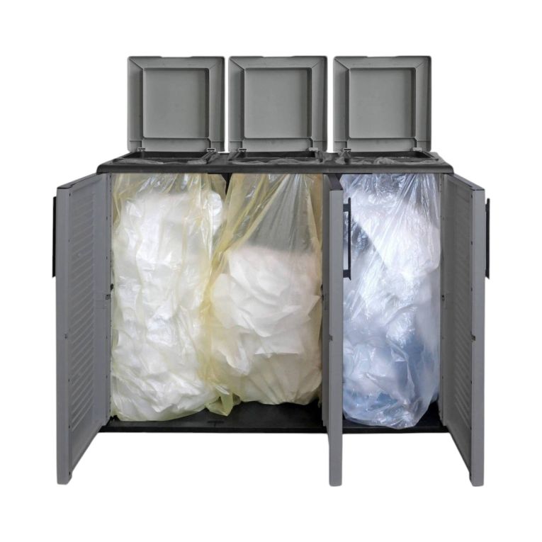 Pattumiera Aalst, Cestino portarifiuti, Bidone per raccolta differenziata a 3 ante, 100% Made in Italy, 102x37h84 cm, Grigio e Nero, Finitura righe