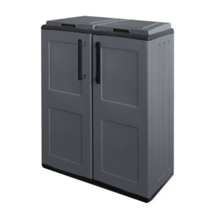 Pattumiera Aarschot, Cestino portarifiuti, Bidone per raccolta differenziata 2 ante, 100% Made in Italy, 68x37h84 cm, Grigio e Nero, Finitura quadri