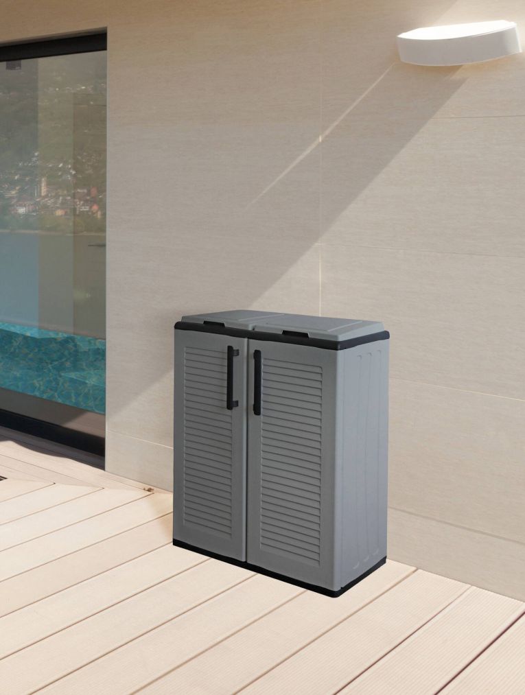 Pattumiera Aarschot, Cestino portarifiuti, Bidone per raccolta differenziata 2 ante, 100% Made in Italy, 68x37h84 cm, Grigio e Nero, Finitura righe