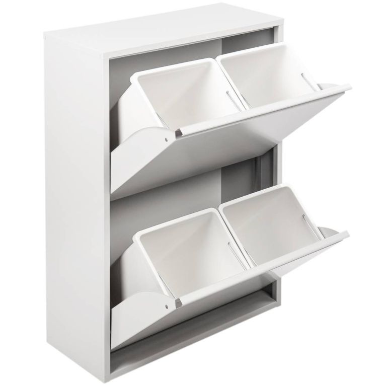 Pattumiera Aller, Bidone per spazzatura, Cestino portarifiuti, Mobile in metallo con secchi per raccolta differenziata, 60x25h92 cm, Bianco