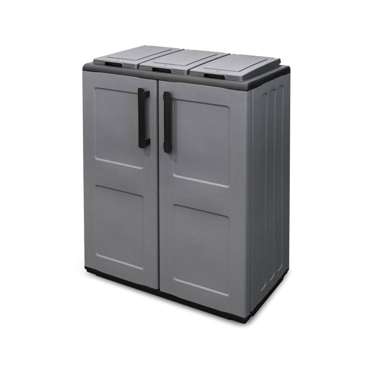Pattumiera Andenne, Cestino portarifiuti, Bidone per raccolta differenziata a 2 ante, 100% Made in Italy, 68x37h84 cm, Grigio e Nero, Finitura quadri