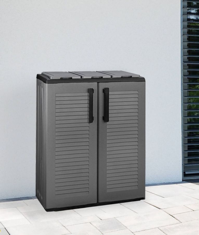 Pattumiera Andenne, Cestino portarifiuti, Bidone per raccolta differenziata a 2 ante, 100% Made in Italy, 68x37h84 cm, Grigio e Nero, Finitura righe