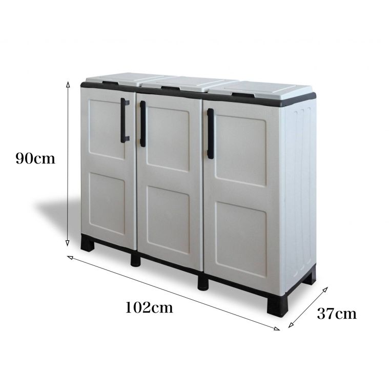 Pattumiera Ciney, Cestino portarifiuti, Bidone per raccolta differenziata, 100% Made in Italy, 102x37h90 cm, Grigio chiaro e Nero a 3 ante