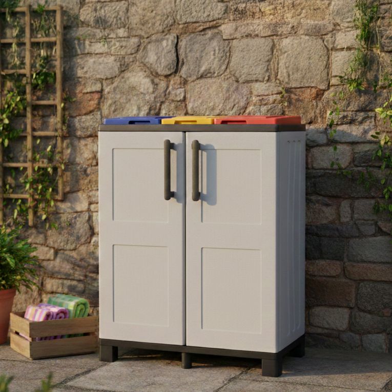 Pattumiera Grigio Chiaro Multicolore Capacità 210 (70 per Sacco) 3 Cestini 68x37x90h cm, Colore Struttura Multicolore Made in Italy - Anthea