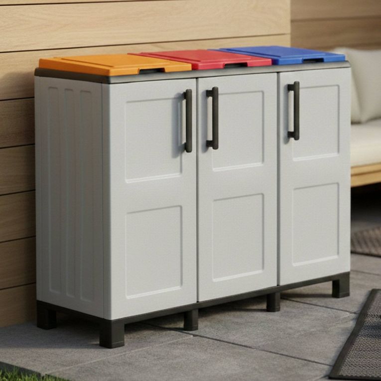 Pattumiera Grigio Chiaro Multicolore Capacità 330 (110 per Sacco) 3 Cestini 102x37x90h cm, Colore Struttura Multicolore Made in Italy - Anthea