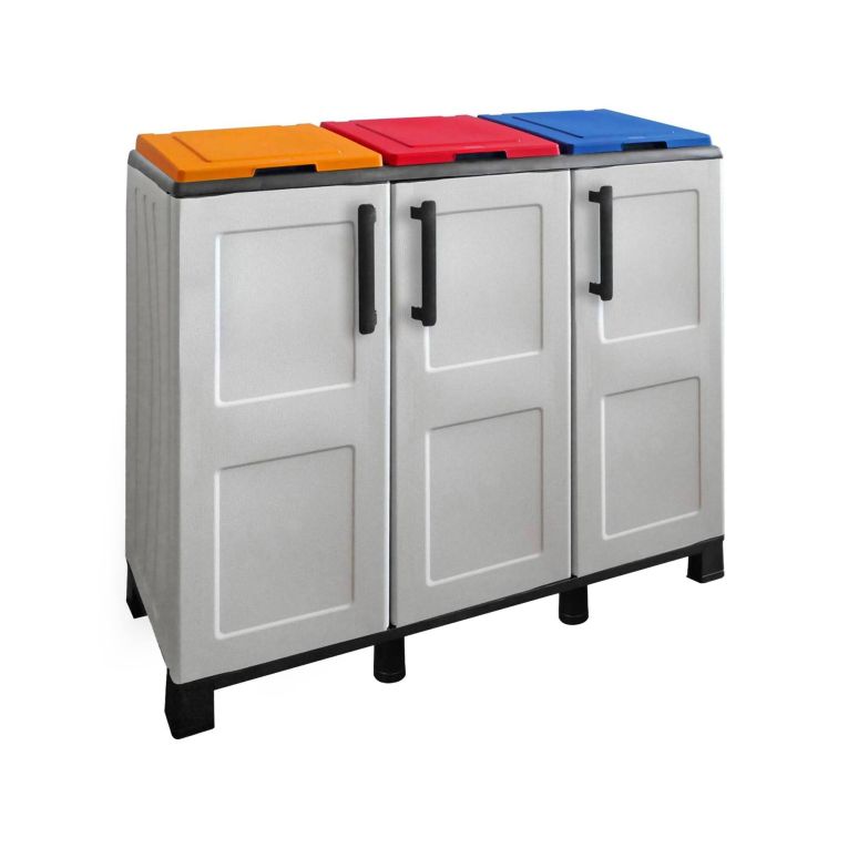 Pattumiera Grigio Chiaro Multicolore Capacità 330 (110 per Sacco) 3 Cestini 102x37x90h cm, Colore Struttura Multicolore Made in Italy - Anthea