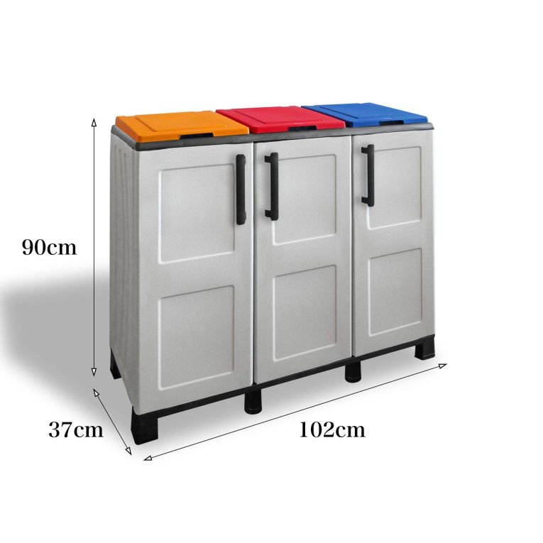 Pattumiera Grigio Chiaro Multicolore Capacità 330 (110 per Sacco) 3 Cestini 102x37x90h cm, Colore Struttura Multicolore Made in Italy - Anthea